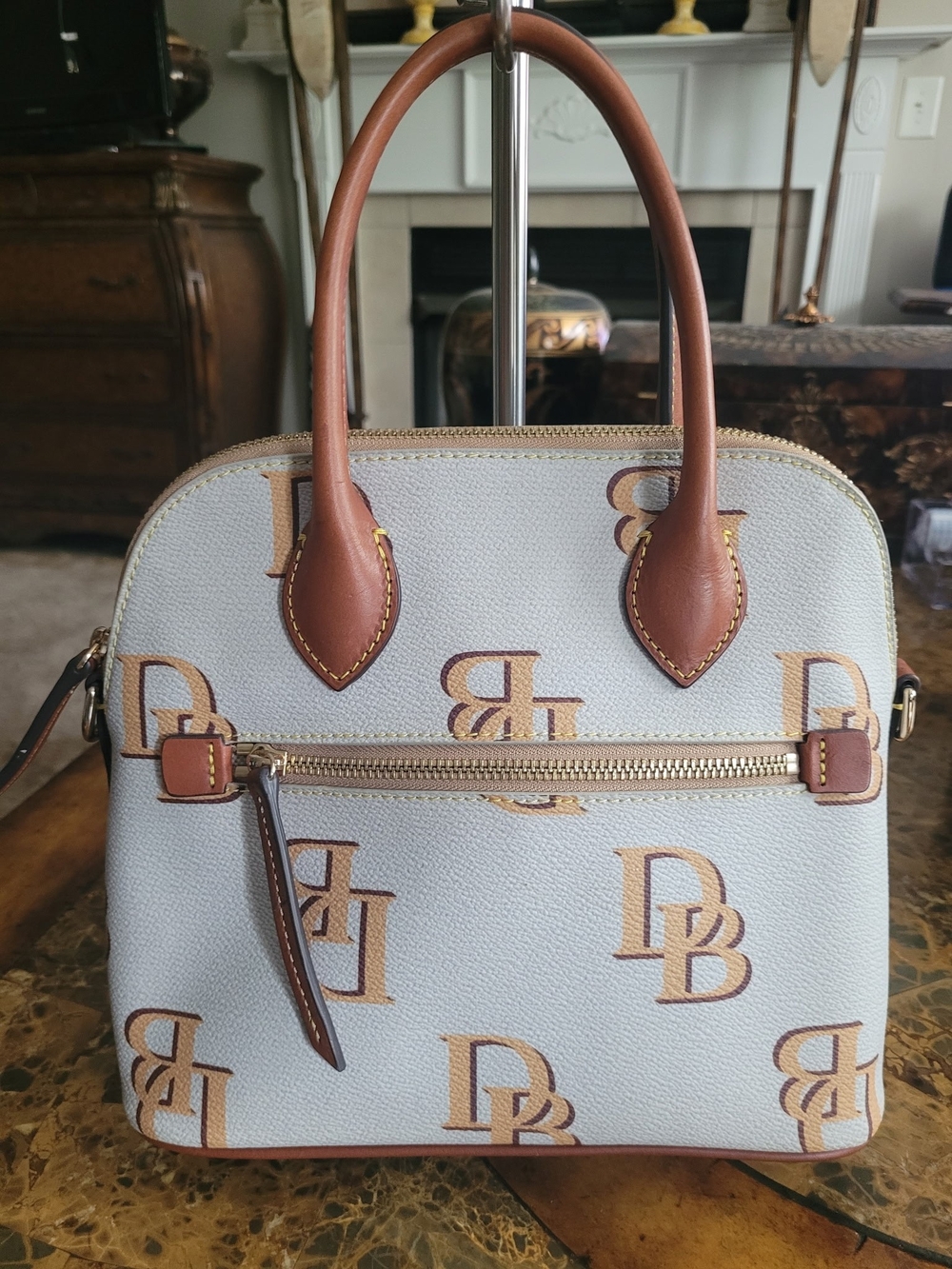 Dooney & Bourke Logo Dome Satchel - Light Gray and Brown